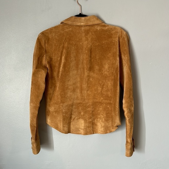 Margaret Godfrey Tan Suede Ruffle Button Front Shacket Size Medium Petite - Picture 5 of 5